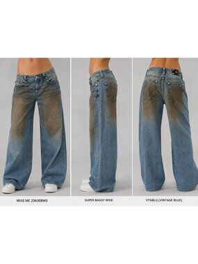 Miss Me Super Baggy Wide Jeans 31 Oil Stain Vintage Blue Y2K NWT
